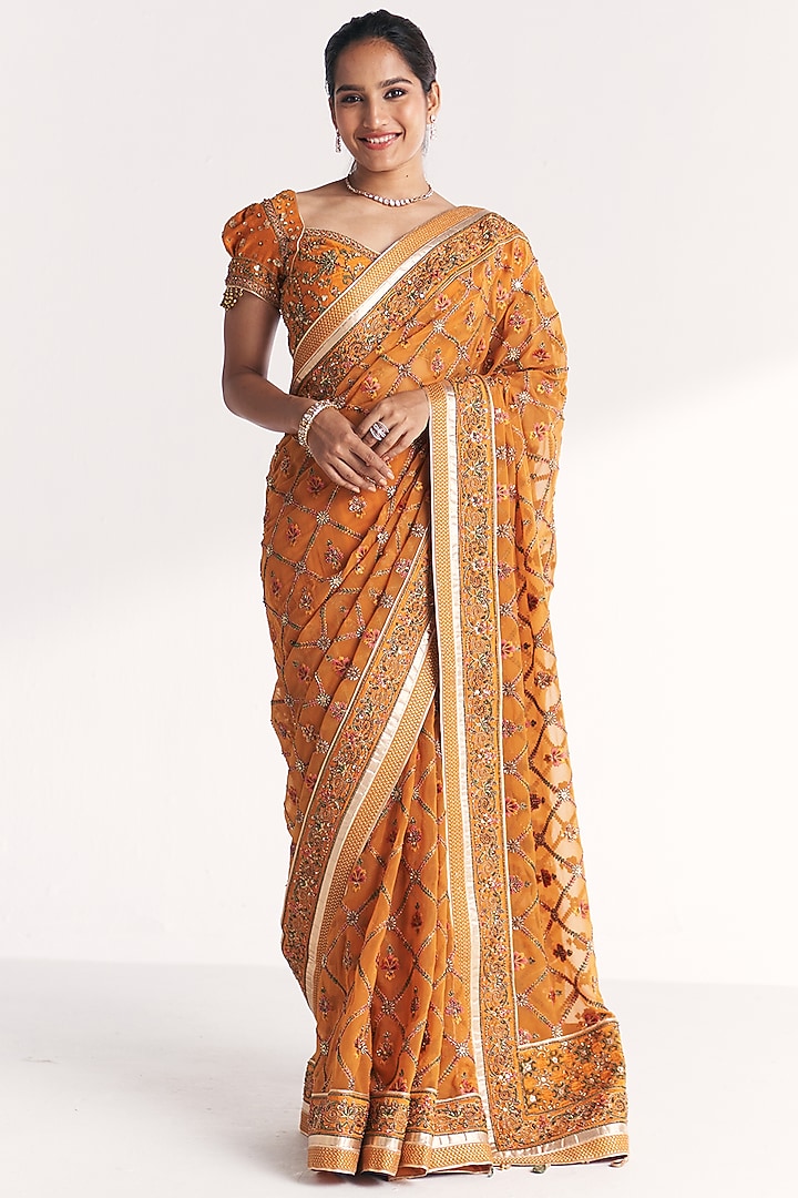 Mustard Georgette Hand Embroidered Reception Saree Set by Studio Bagechaa at Pernia's Pop Up Shop