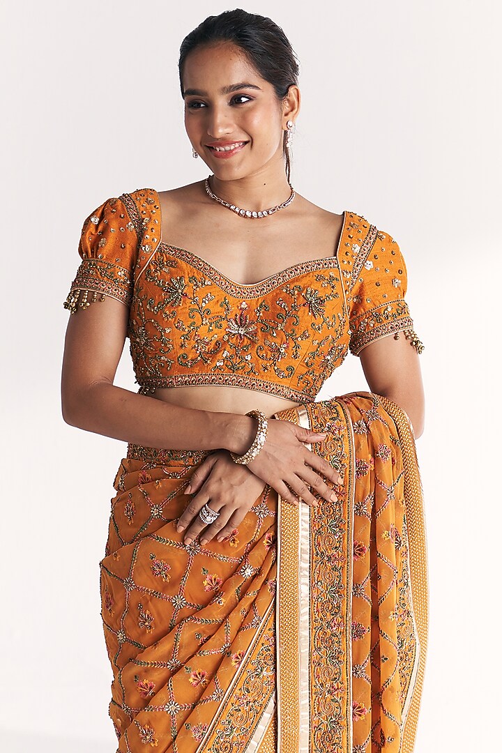Mustard Georgette Hand Embroidered Reception Saree Set by Studio Bagechaa at Pernia's Pop Up Shop
