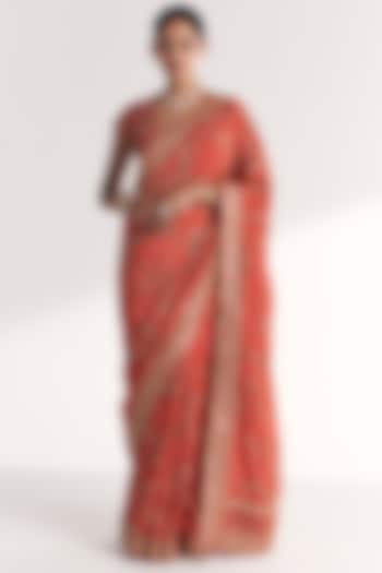 Tangerine Crepe Handwork Wedding Saree Set by Studio Bagechaa at Pernia's Pop Up Shop