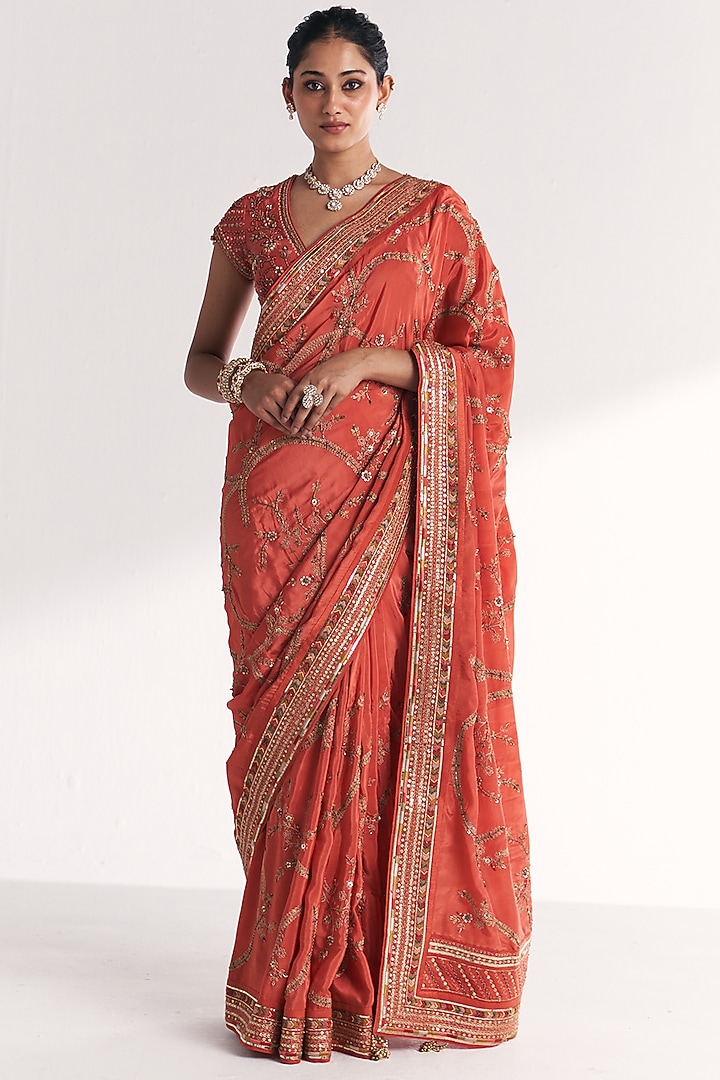Tangerine Crepe Handwork Wedding Saree Set by Studio Bagechaa at Pernia's Pop Up Shop
