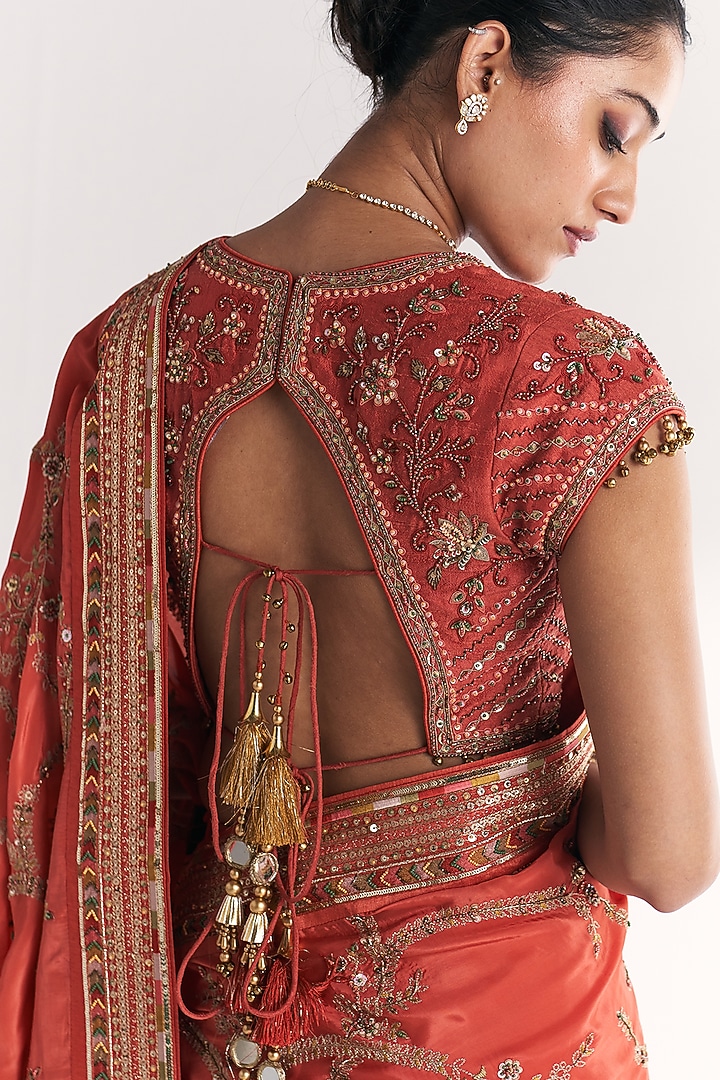 Tangerine Crepe Handwork Wedding Saree Set by Studio Bagechaa at Pernia's Pop Up Shop