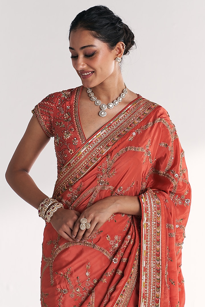 Tangerine Crepe Handwork Wedding Saree Set by Studio Bagechaa at Pernia's Pop Up Shop