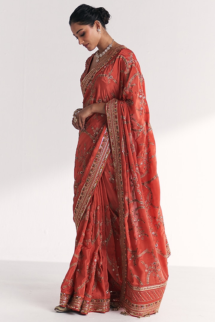 Tangerine Crepe Handwork Wedding Saree Set by Studio Bagechaa at Pernia's Pop Up Shop