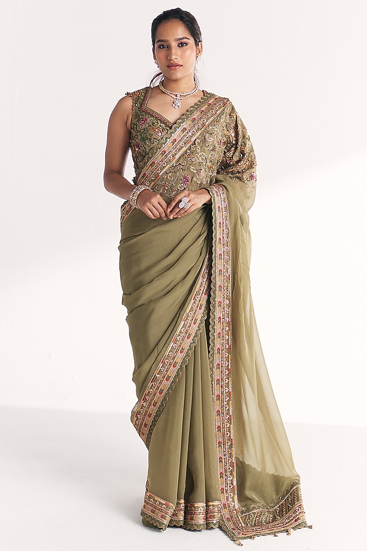 Green Organza Handwork Wedding Saree Set by Studio Bagechaa at Pernia's Pop Up Shop