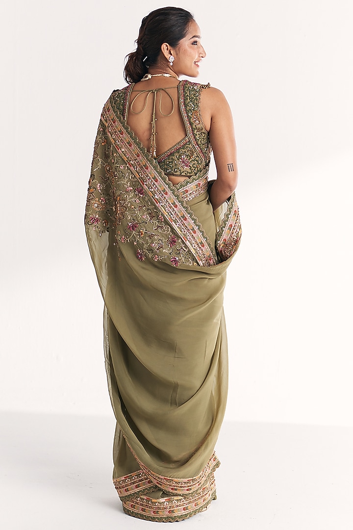 Green Organza Handwork Wedding Saree Set by Studio Bagechaa at Pernia's Pop Up Shop