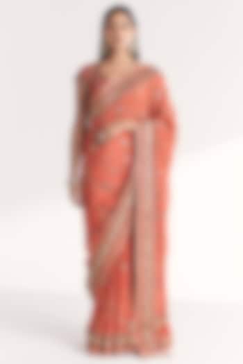 Tangerine Crepe Floral Embroidered Reception Saree Set by Studio Bagechaa at Pernia's Pop Up Shop