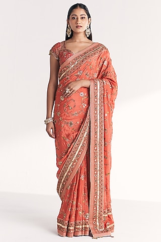 Tangerine Crepe Floral Embroidered Saree Set by Studio Bagechaa
