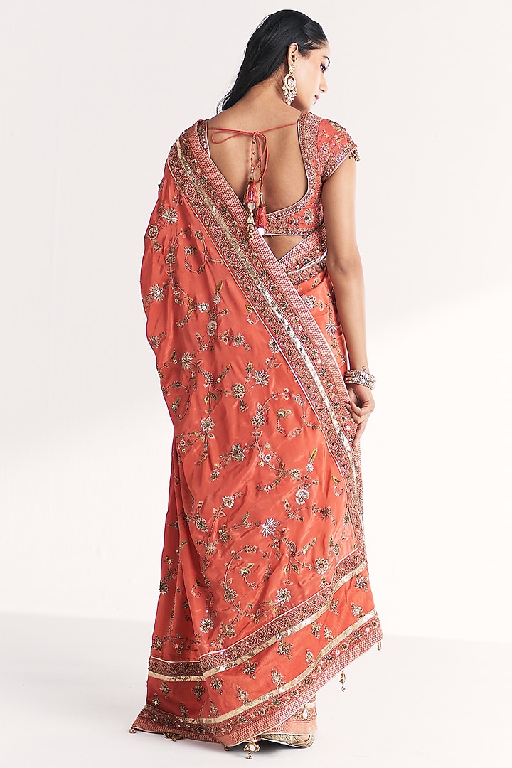 Tangerine Crepe Floral Embroidered Reception Saree Set by Studio Bagechaa at Pernia's Pop Up Shop