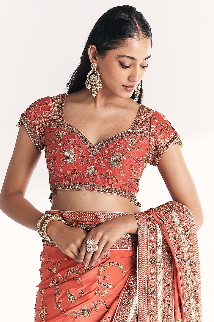 Tangerine Crepe Floral Embroidered Reception Saree Set by Studio Bagechaa at Pernia's Pop Up Shop