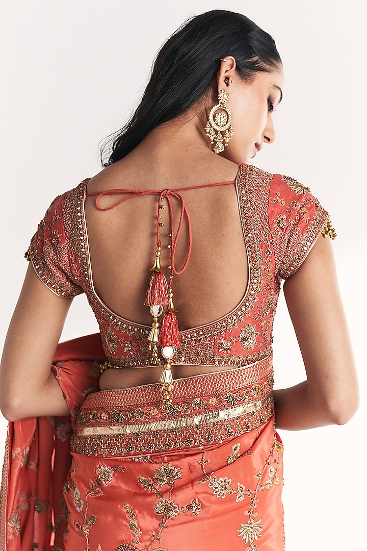 Tangerine Crepe Floral Embroidered Reception Saree Set by Studio Bagechaa at Pernia's Pop Up Shop
