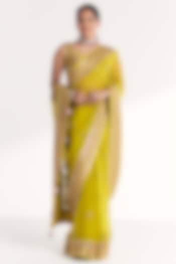 Lime Green Georgette Hand Embroidered Wedding Saree Set by Studio Bagechaa at Pernia's Pop Up Shop