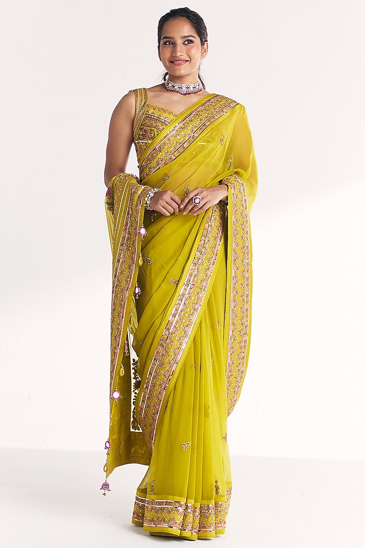 Lime Green Georgette Hand Embroidered Wedding Saree Set by Studio Bagechaa at Pernia's Pop Up Shop