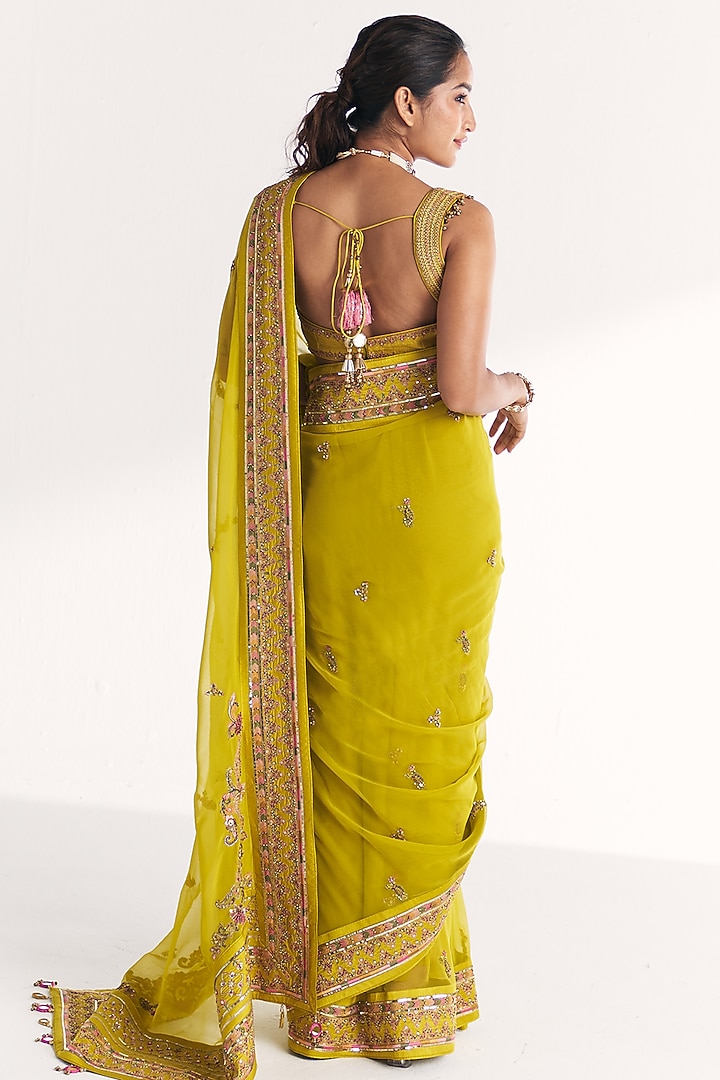 Lime Green Georgette Hand Embroidered Wedding Saree Set by Studio Bagechaa at Pernia's Pop Up Shop