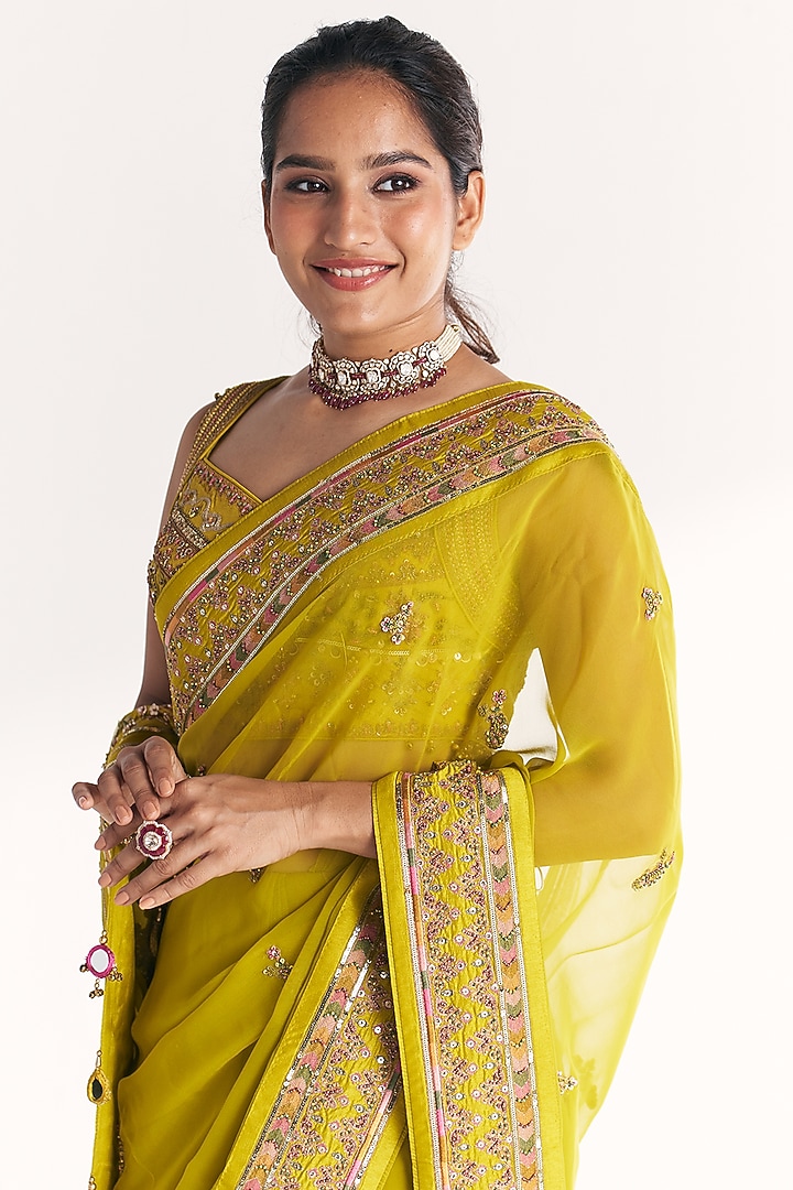 Lime Green Georgette Hand Embroidered Wedding Saree Set by Studio Bagechaa at Pernia's Pop Up Shop