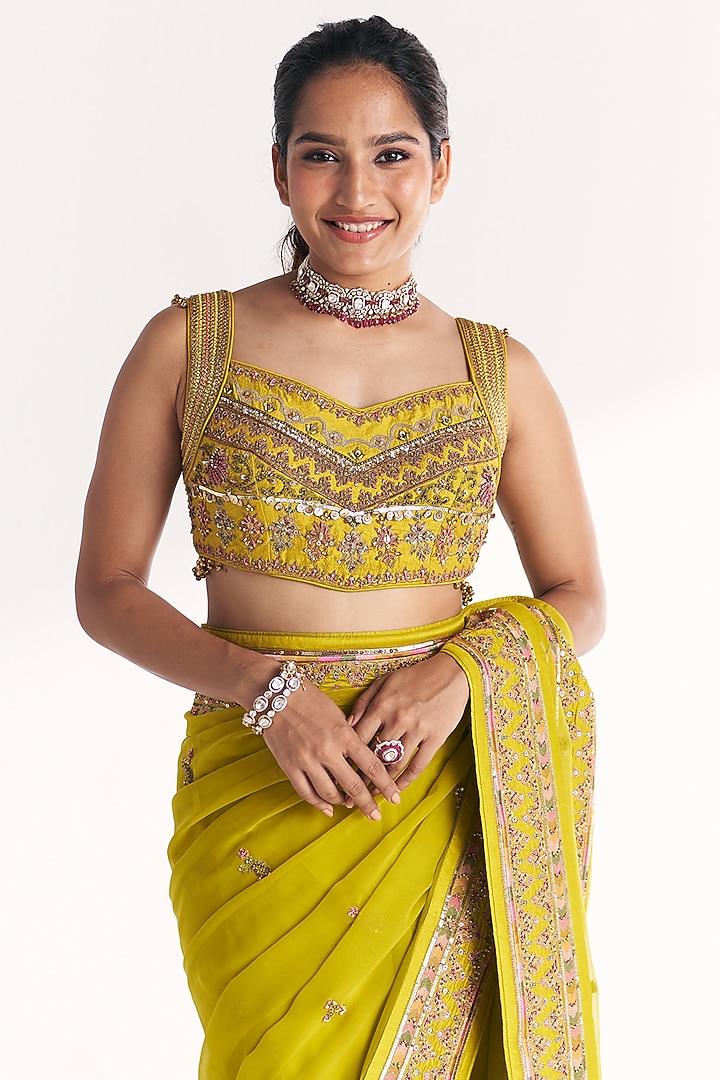 Lime Green Georgette Hand Embroidered Wedding Saree Set by Studio Bagechaa at Pernia's Pop Up Shop