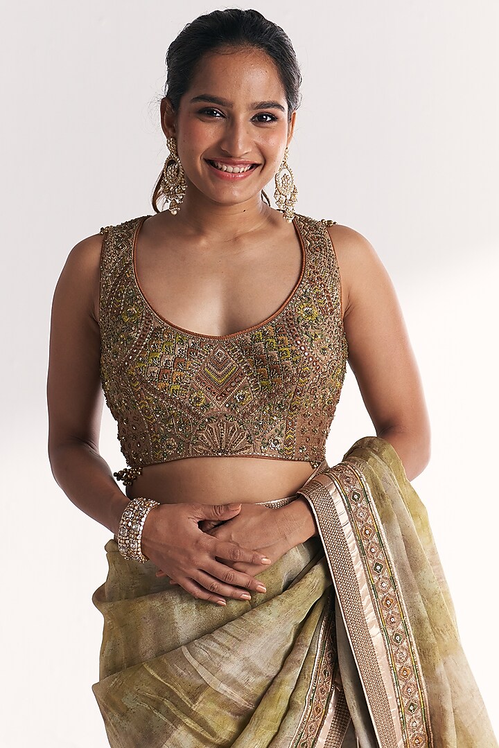 Green Tissue Hand Embroidered Wedding Saree Set by Studio Bagechaa at Pernia's Pop Up Shop