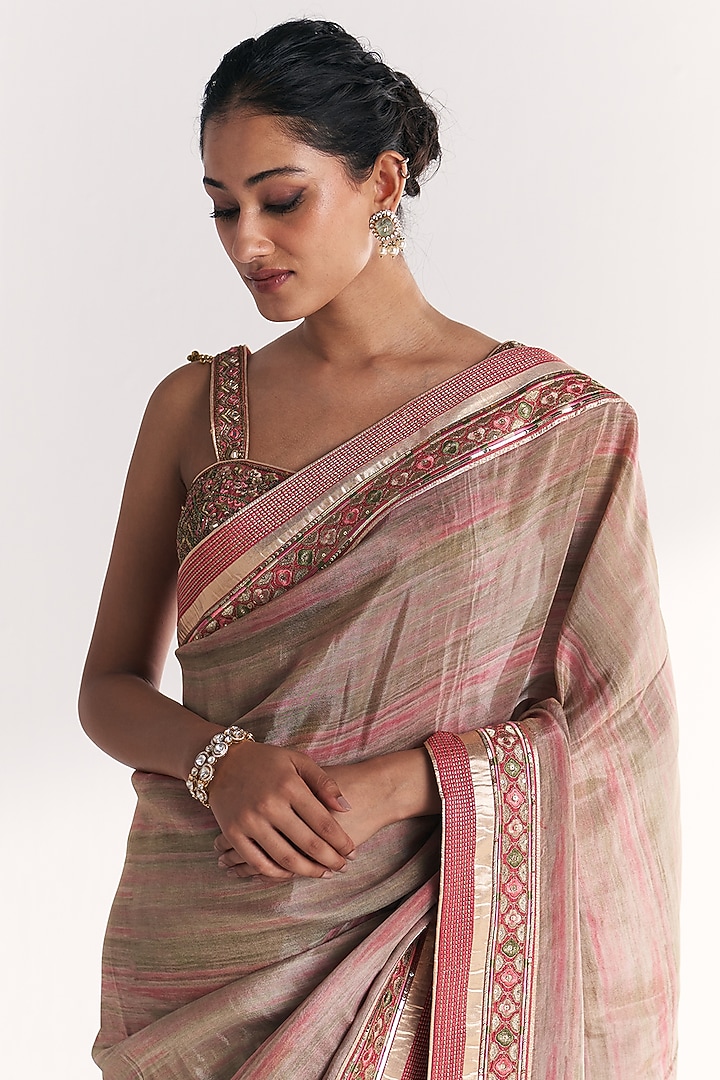 Pink Tissue Hand Embroidered Wedding Saree Set by Studio Bagechaa at Pernia's Pop Up Shop