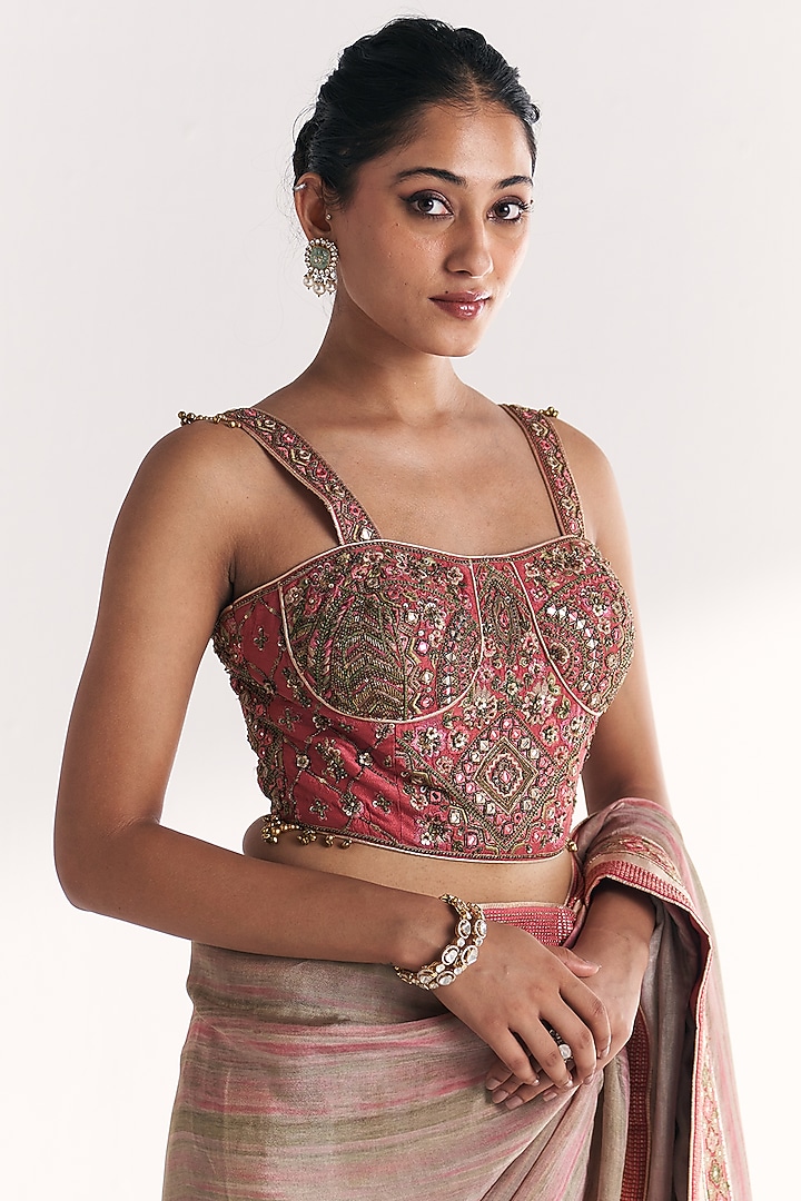 Pink Tissue Hand Embroidered Wedding Saree Set by Studio Bagechaa at Pernia's Pop Up Shop