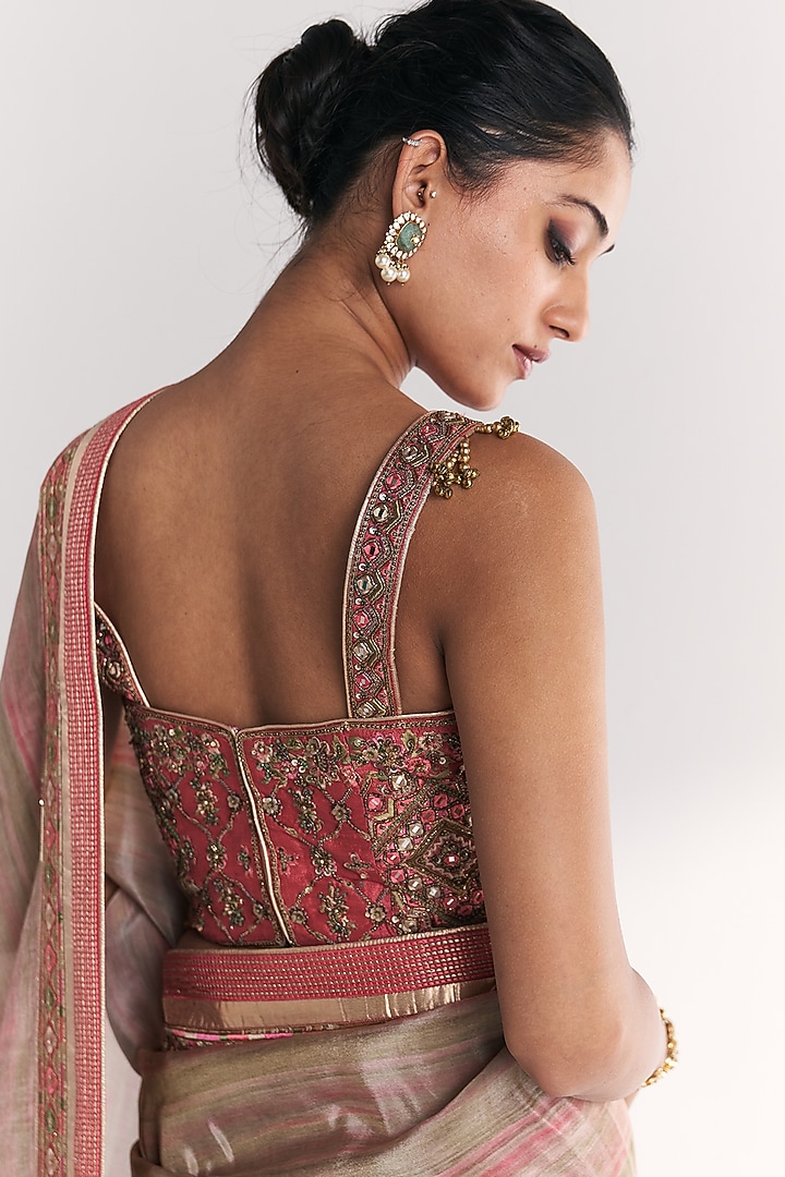 Pink Tissue Hand Embroidered Wedding Saree Set by Studio Bagechaa at Pernia's Pop Up Shop