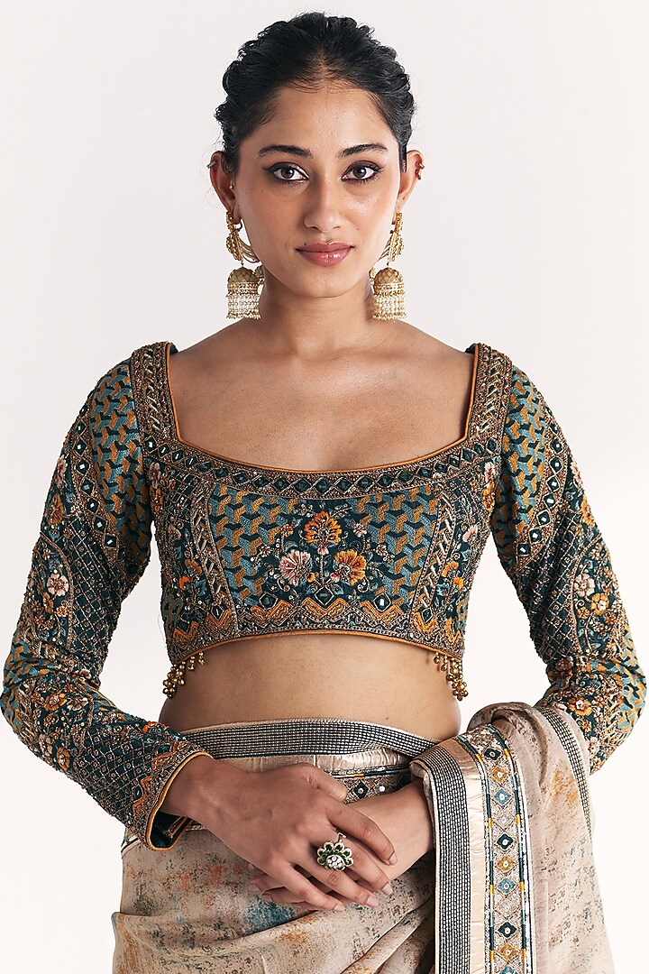 Blue Tissue Hand Embroidered Wedding Saree Set by Studio Bagechaa at Pernia's Pop Up Shop