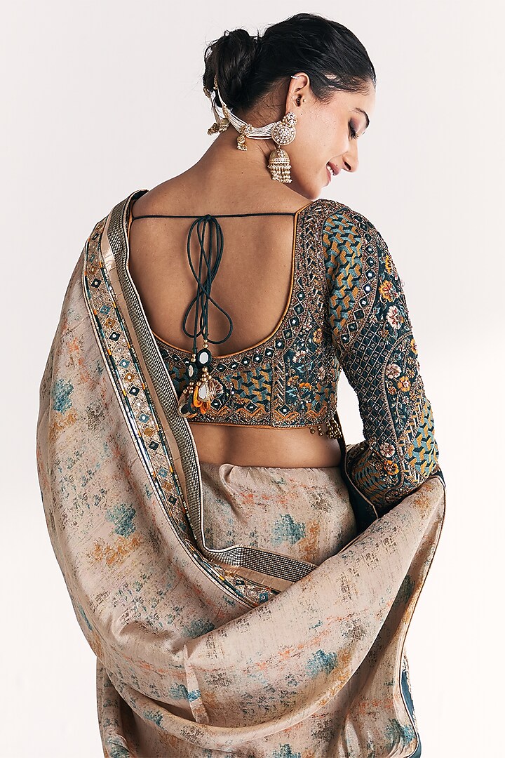 Blue Tissue Hand Embroidered Wedding Saree Set by Studio Bagechaa at Pernia's Pop Up Shop