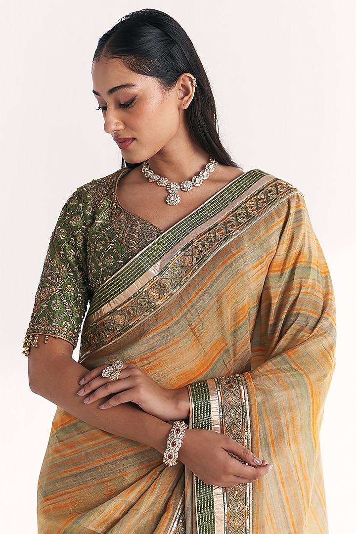 Green Tissue Hand Embroidered Wedding Saree Set by Studio Bagechaa at Pernia's Pop Up Shop