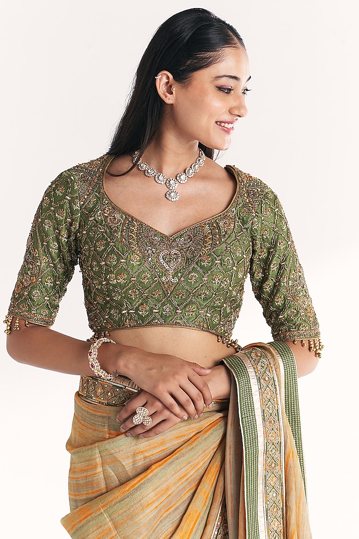 Green Tissue Hand Embroidered Wedding Saree Set by Studio Bagechaa at Pernia's Pop Up Shop