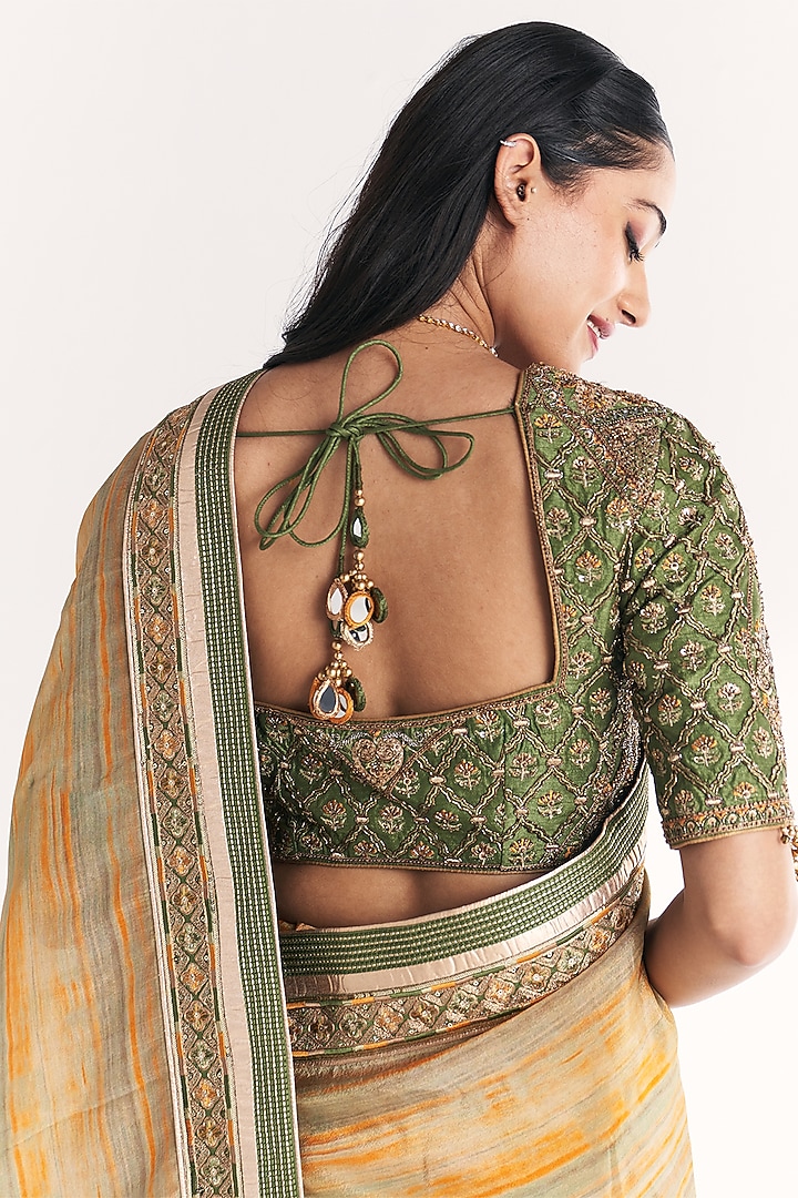 Green Tissue Hand Embroidered Wedding Saree Set by Studio Bagechaa at Pernia's Pop Up Shop