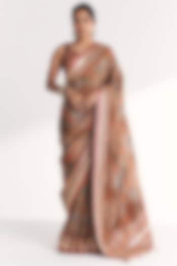 Orange Tissue Hand Embroidered & Printed Wedding Saree Set by Studio Bagechaa at Pernia's Pop Up Shop