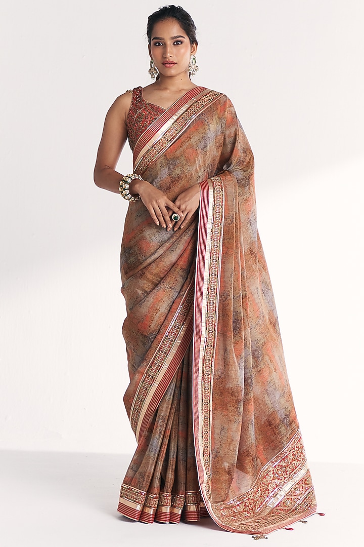 Orange Tissue Hand Embroidered & Printed Wedding Saree Set by Studio Bagechaa at Pernia's Pop Up Shop