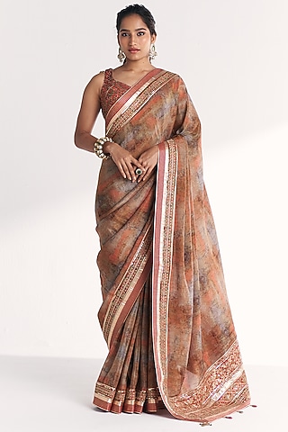 Orange Tissue Hand Embroidered & Printed Saree Set by Studio Bagechaa