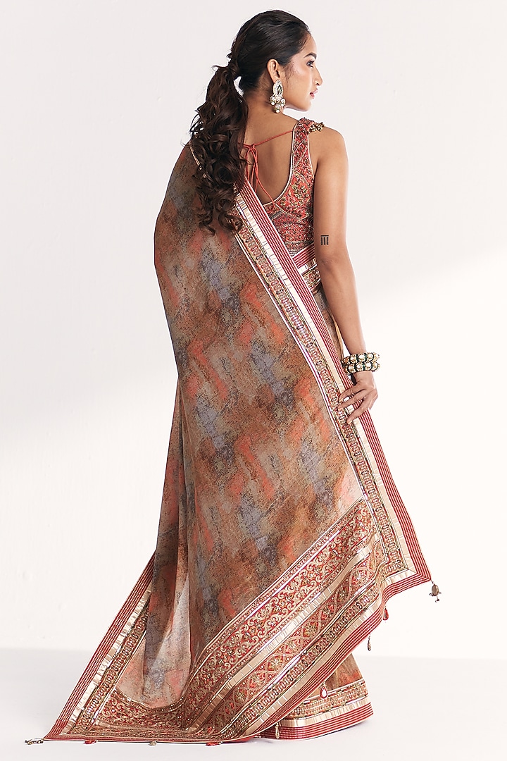 Orange Tissue Hand Embroidered & Printed Wedding Saree Set by Studio Bagechaa at Pernia's Pop Up Shop