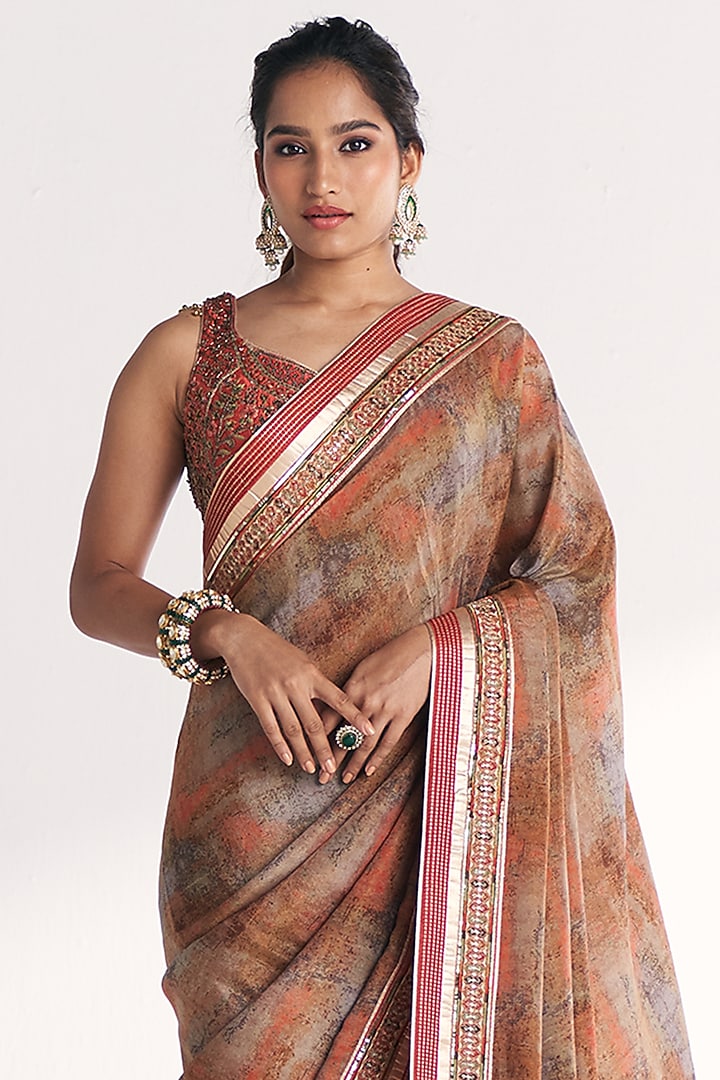 Orange Tissue Hand Embroidered & Printed Wedding Saree Set by Studio Bagechaa at Pernia's Pop Up Shop