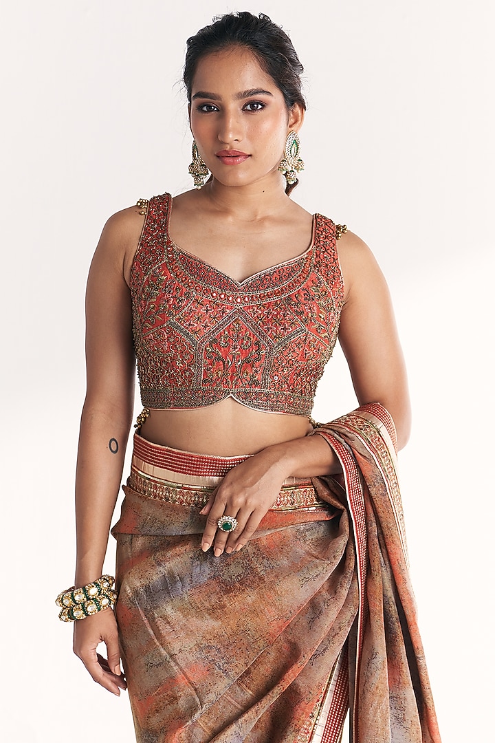 Orange Tissue Hand Embroidered & Printed Wedding Saree Set by Studio Bagechaa at Pernia's Pop Up Shop