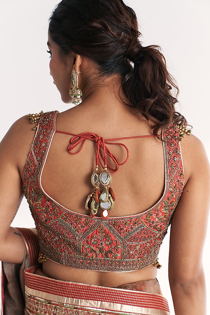 Orange Tissue Hand Embroidered & Printed Wedding Saree Set by Studio Bagechaa at Pernia's Pop Up Shop