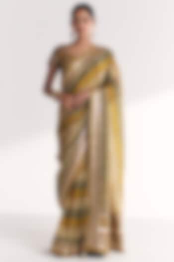 Lime Green Tissue Hand Embroidered & Printed Wedding Saree Set by Studio Bagechaa at Pernia's Pop Up Shop