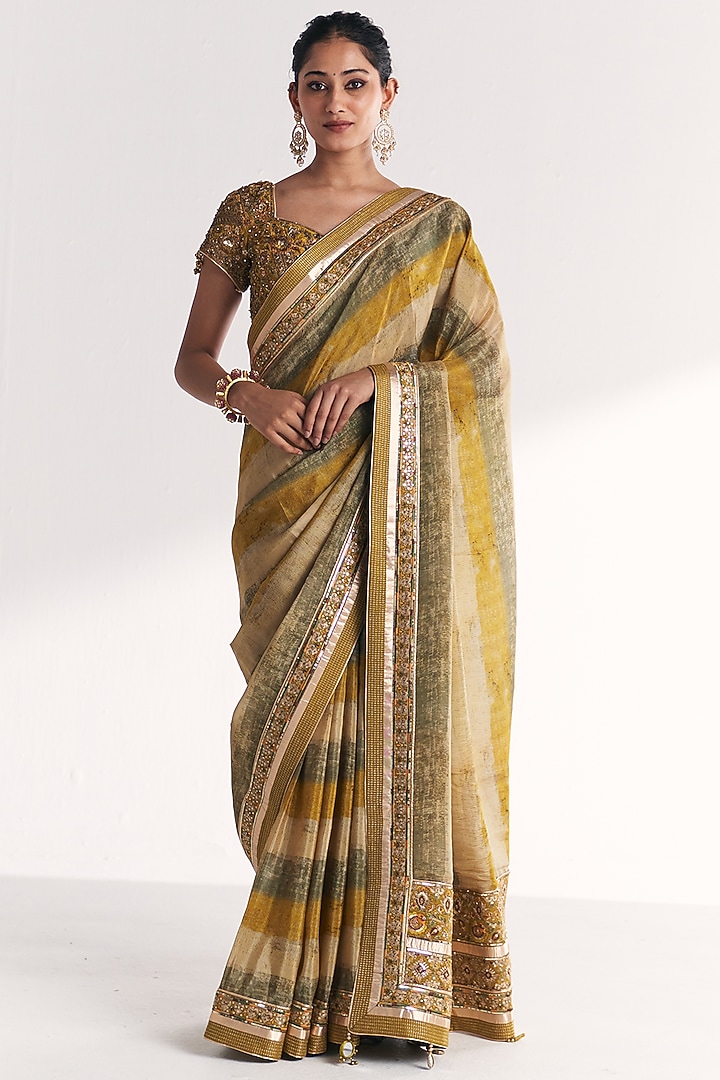 Lime Green Tissue Hand Embroidered & Printed Wedding Saree Set by Studio Bagechaa at Pernia's Pop Up Shop