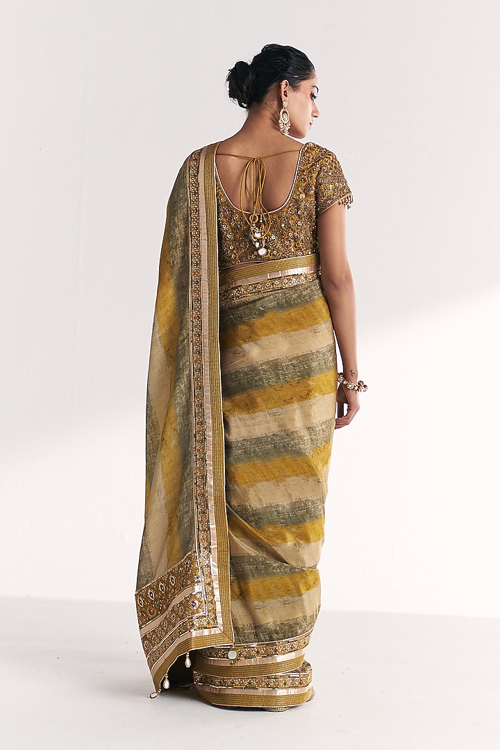 Lime Green Tissue Hand Embroidered & Printed Wedding Saree Set by Studio Bagechaa at Pernia's Pop Up Shop