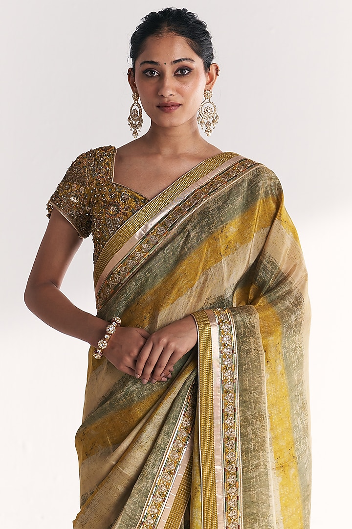 Lime Green Tissue Hand Embroidered & Printed Wedding Saree Set by Studio Bagechaa at Pernia's Pop Up Shop