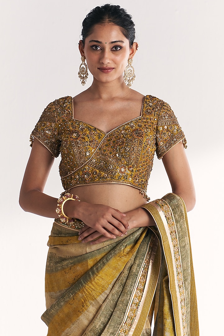 Lime Green Tissue Hand Embroidered & Printed Wedding Saree Set by Studio Bagechaa at Pernia's Pop Up Shop