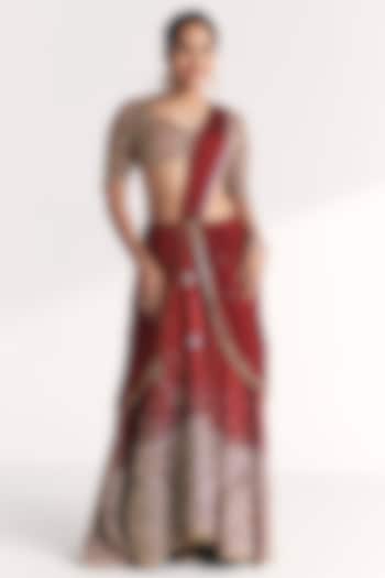 Maroon Crepe & Chiffon Hand Embroidered Draped Reception Saree Set by Studio Bagechaa at Pernia's Pop Up Shop