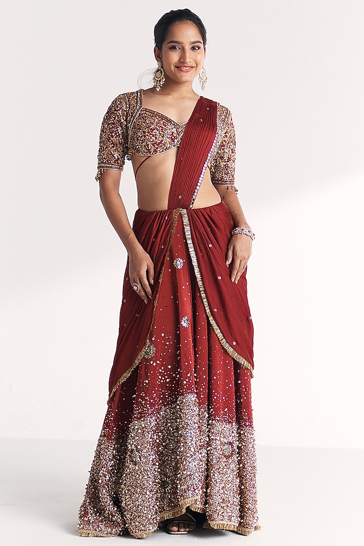 Maroon Crepe & Chiffon Hand Embroidered Draped Reception Saree Set by Studio Bagechaa at Pernia's Pop Up Shop