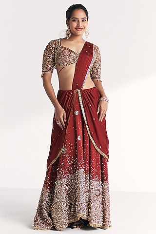 Maroon Crepe & Chiffon Hand Embroidered Draped Saree Set by Studio Bagechaa
