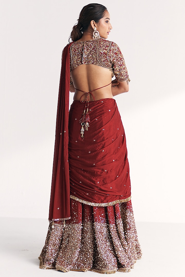 Maroon Crepe & Chiffon Hand Embroidered Draped Reception Saree Set by Studio Bagechaa at Pernia's Pop Up Shop