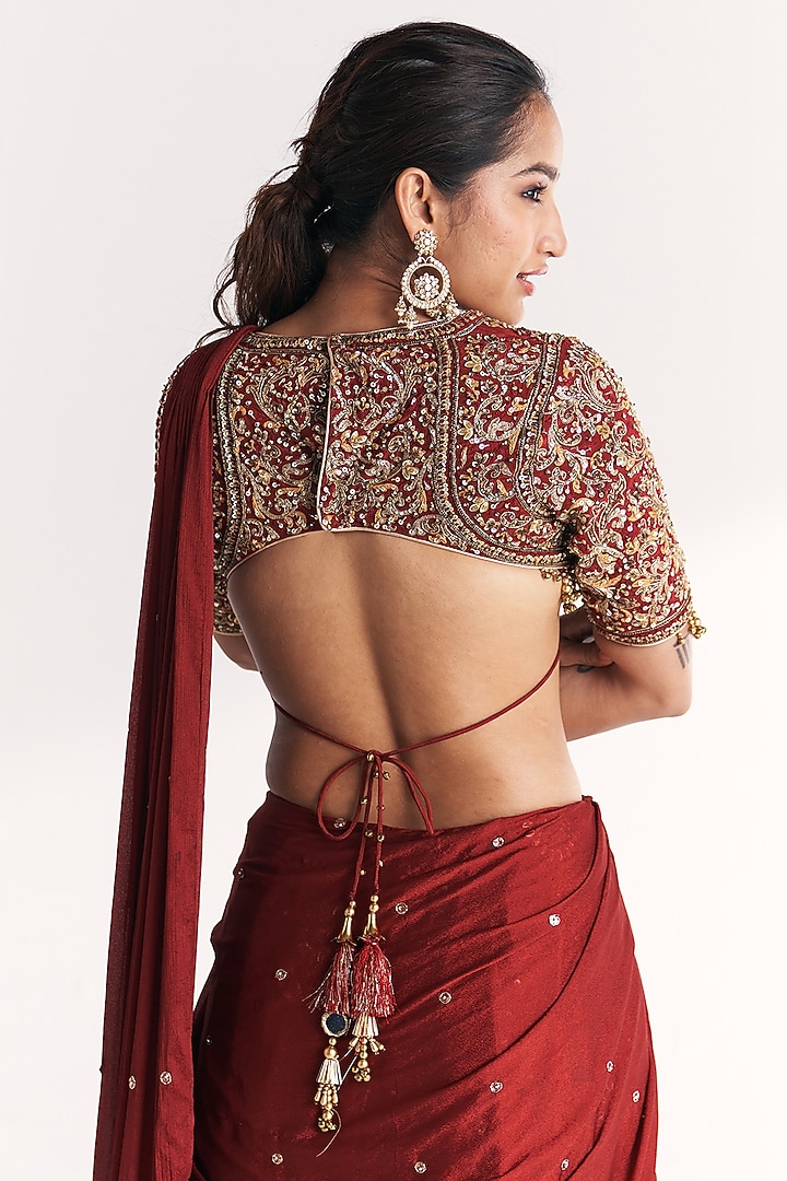 Maroon Crepe & Chiffon Hand Embroidered Draped Reception Saree Set by Studio Bagechaa at Pernia's Pop Up Shop