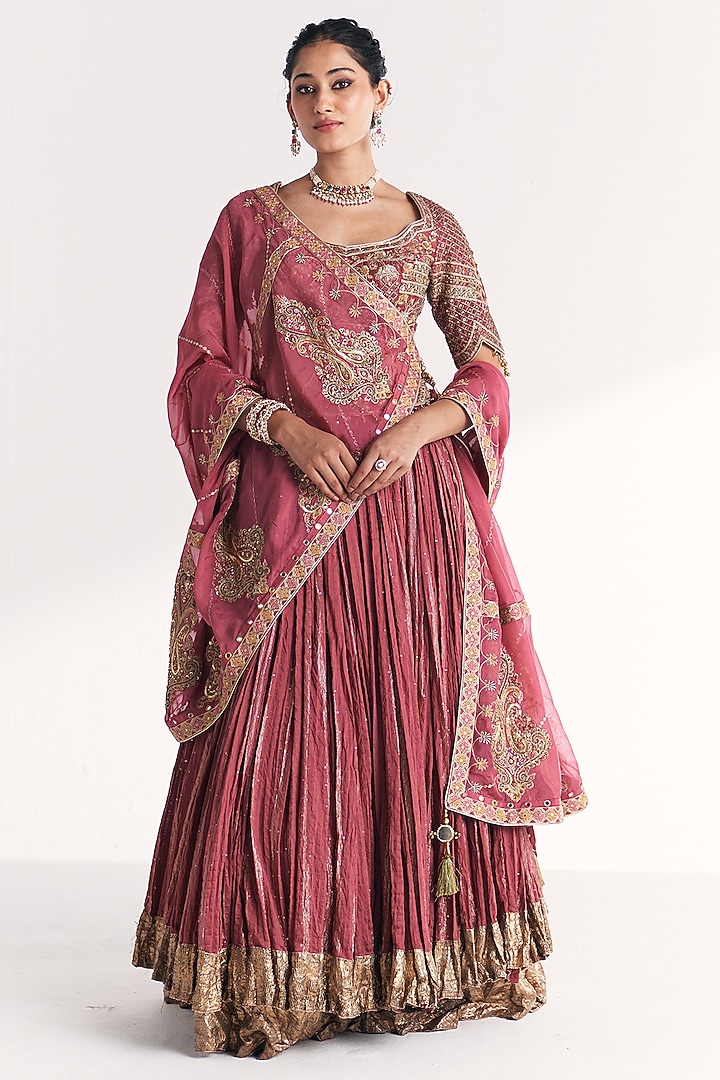 Mauve Pink Lurex Chanderi Wedding Lehenga Set by Studio Bagechaa at Pernia's Pop Up Shop