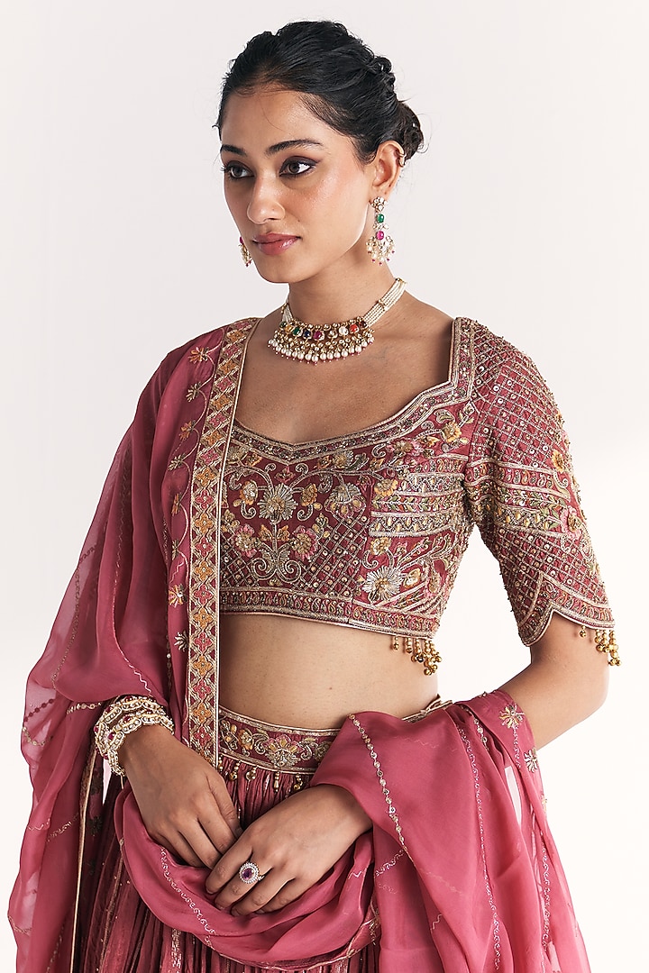 Mauve Pink Lurex Chanderi Wedding Lehenga Set by Studio Bagechaa at Pernia's Pop Up Shop