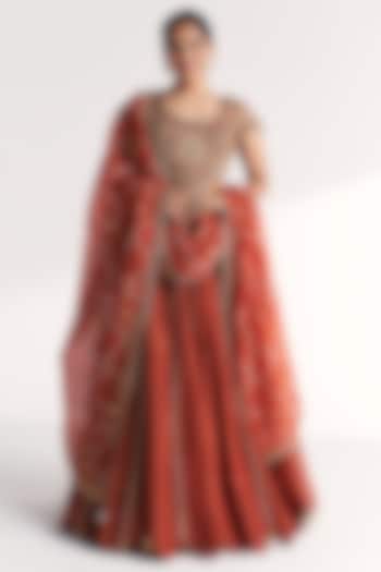 Rust Bandhani Tissue Crushed Wedding Lehenga Set by Studio Bagechaa at Pernia's Pop Up Shop