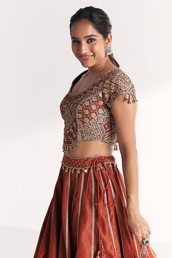 Rust Bandhani Tissue Crushed Wedding Lehenga Set by Studio Bagechaa at Pernia's Pop Up Shop