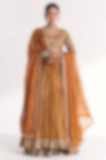 Mustard Lurex Chanderi Hand Embroidered Wedding Lehenga Set by Studio Bagechaa at Pernia's Pop Up Shop